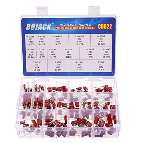 BOJACK 15 Values 150 Pcs Metallized Polypropylene Film DC Capacitor 400V/0.01uF ~ 0.56uF 630V/ 0.001uF ~ 0.068uF Assortment Kit - Image 1