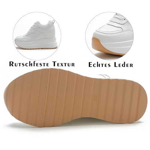 AONEGOLD Platform Sneakers High Hidden Heel Sneakers for Women Wedge Sneaker Leather Upper Fashion Lace up Sneaker Increasing 3.94 inch(White,Size 7) - Image 3