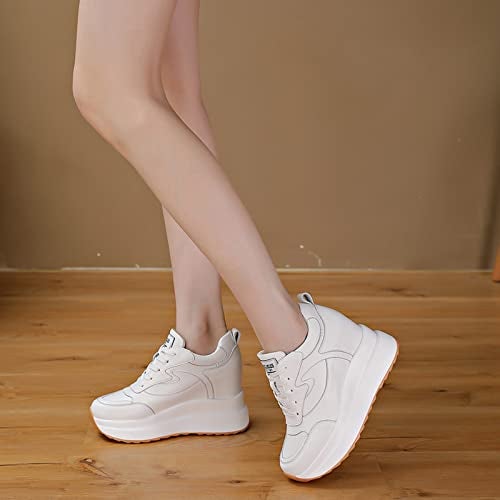 AONEGOLD Platform Sneakers High Hidden Heel Sneakers for Women Wedge Sneaker Leather Upper Fashion Lace up Sneaker Increasing 3.94 inch(White,Size 7) - Image 5