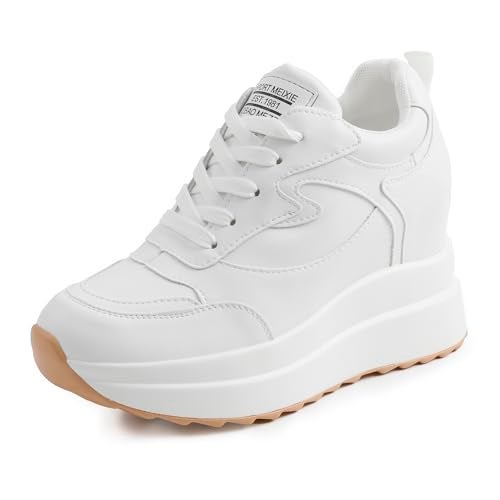 AONEGOLD Platform Sneakers High Hidden Heel Sneakers for Women Wedge Sneaker Leather Upper Fashion Lace up Sneaker Increasing 3.94 inch(White,Size 7) - Image 1
