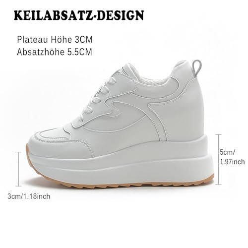 AONEGOLD Platform Sneakers High Hidden Heel Sneakers for Women Wedge Sneaker Leather Upper Fashion Lace up Sneaker Increasing 3.94 inch(White,Size 7) - Image 2