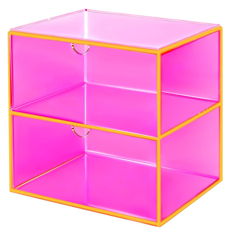 Happy Dino Acrylic Desk Organizer with Drawers Stackable Makeup Organizer for Vanity Office Countertop Cosmetic Display Cases Makeup Storage Box, Neon Pink - Image 1