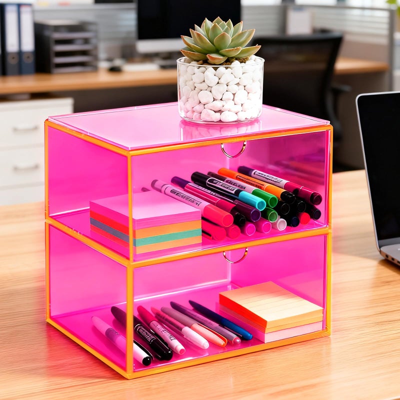 Happy Dino Acrylic Desk Organizer with Drawers Stackable Makeup Organizer for Vanity Office Countertop Cosmetic Display Cases Makeup Storage Box, Neon Pink - Image 5