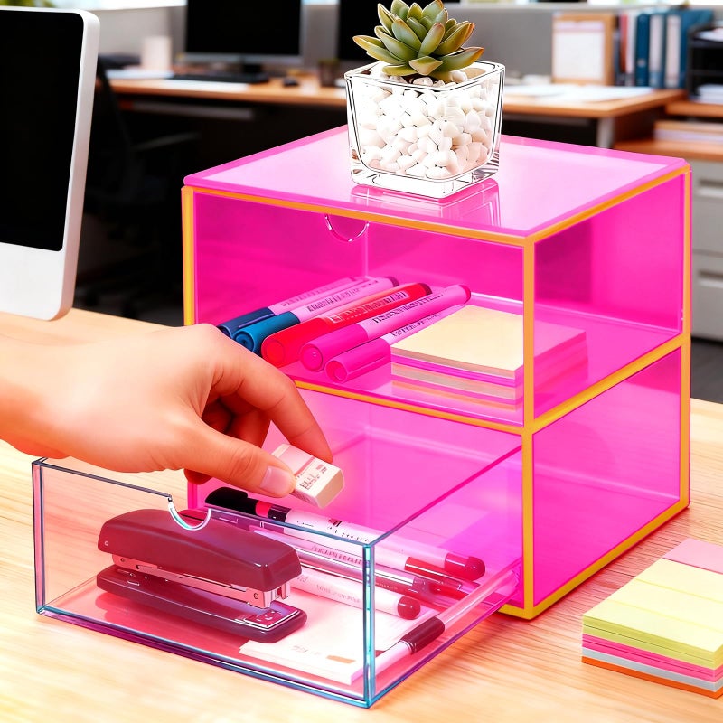 Happy Dino Acrylic Desk Organizer with Drawers Stackable Makeup Organizer for Vanity Office Countertop Cosmetic Display Cases Makeup Storage Box, Neon Pink - Image 3