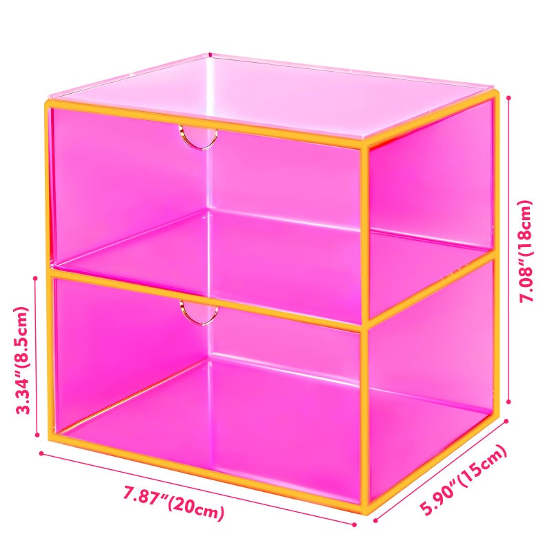 Happy Dino Acrylic Desk Organizer with Drawers Stackable Makeup Organizer for Vanity Office Countertop Cosmetic Display Cases Makeup Storage Box, Neon Pink - Image 2