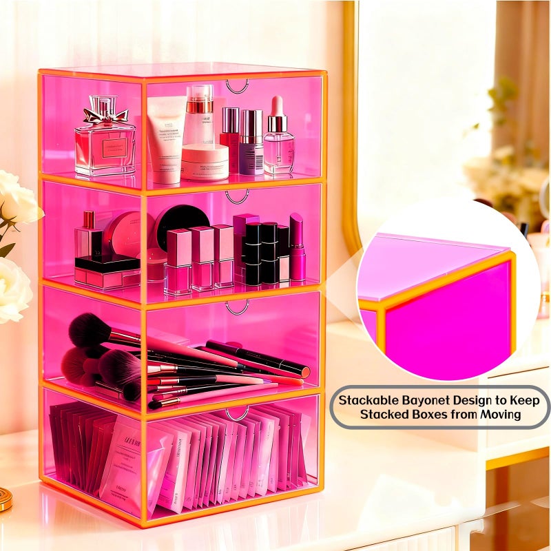 Happy Dino Acrylic Desk Organizer with Drawers Stackable Makeup Organizer for Vanity Office Countertop Cosmetic Display Cases Makeup Storage Box, Neon Pink - Image 4