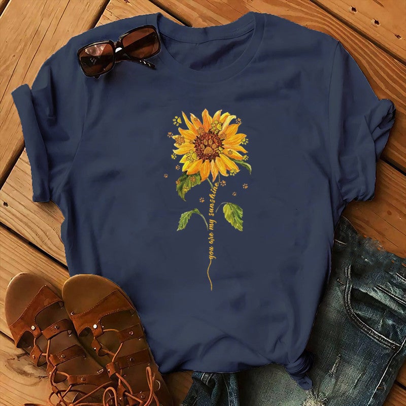 2020 AliExpress wish ebay Amazon foreign trade independent station womens Christmas Animal Flower short sleeve Navy blue 