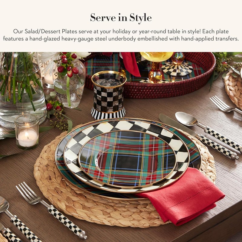 mackenzie childs MACKENZIECHILDS Enamel Salad and Dessert Plate Small Plate for a Dessert or Appetizer Dish 8 Inches Black Tartan - Image 2