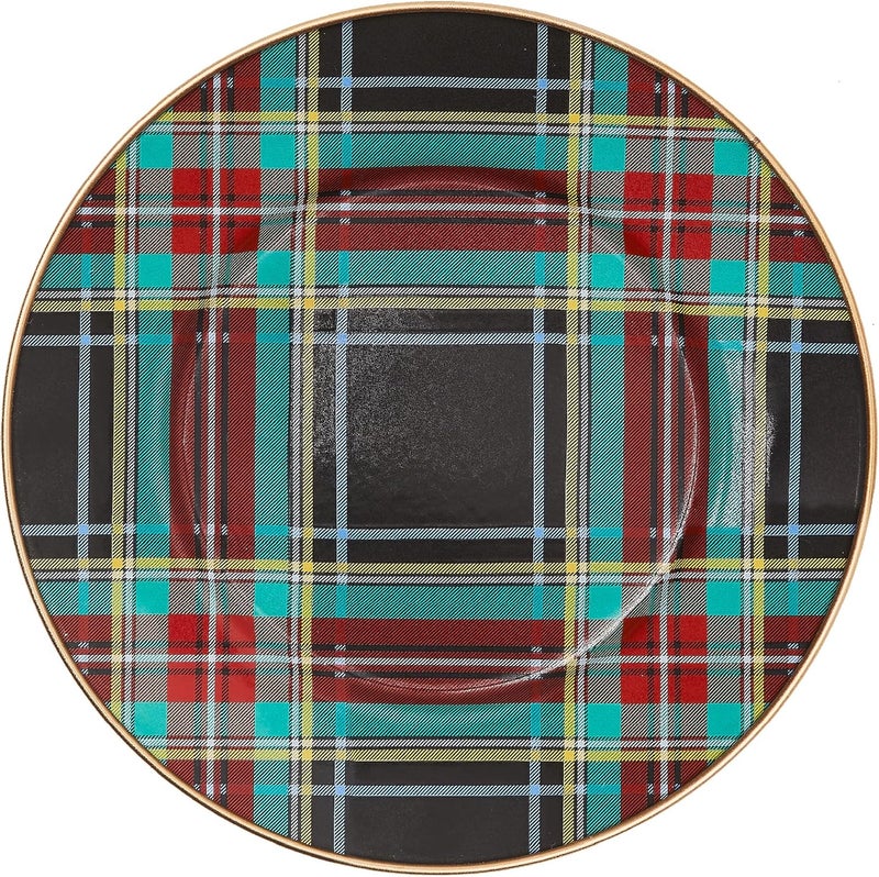 mackenzie childs MACKENZIECHILDS Enamel Salad and Dessert Plate Small Plate for a Dessert or Appetizer Dish 8 Inches Black Tartan - Image 1