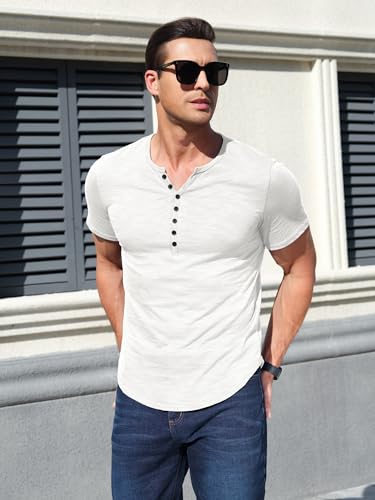 Comdecevis Men's Henley Shirts Short Sleeve Regular Fit Shirts Vintage Casual Button V Neck T-Shirts for Men White - Image 4