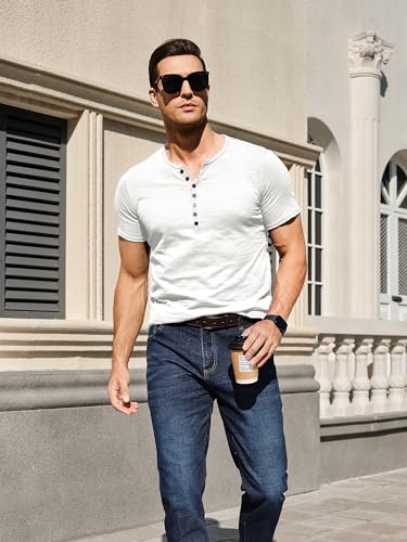 Comdecevis Men's Henley Shirts Short Sleeve Regular Fit Shirts Vintage Casual Button V Neck T-Shirts for Men White - Image 3