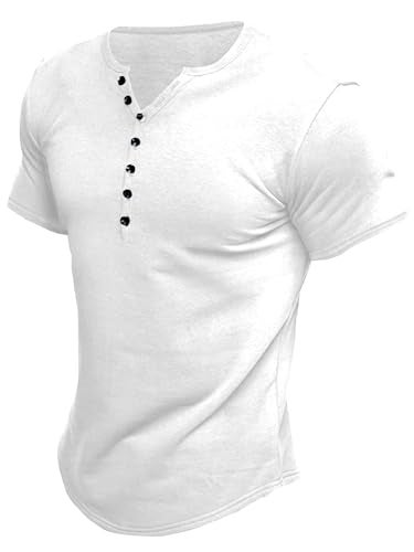 Comdecevis Men's Henley Shirts Short Sleeve Regular Fit Shirts Vintage Casual Button V Neck T-Shirts for Men White - Image 1