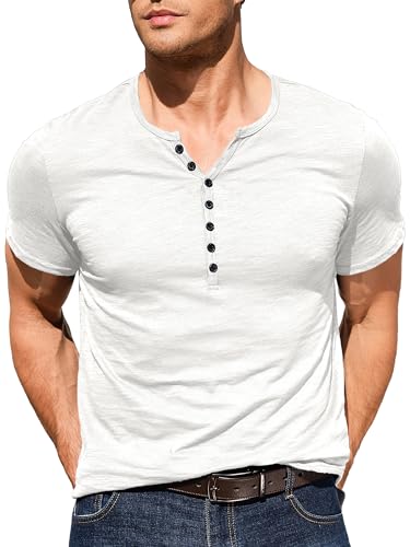 Comdecevis Men's Henley Shirts Short Sleeve Regular Fit Shirts Vintage Casual Button V Neck T-Shirts for Men White - Image 2