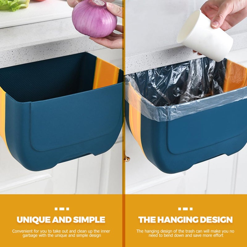 Wall-Mounted Folding Trash Can with Lid, Kitchen Hanging Garbage Bin for Cabinet Door, Collapsible Wall-Mounted Waste Bin for Home and Car Storage, Blue and Yellow - Image 5