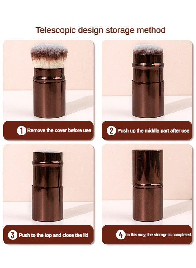 عام مجموعة فرش مكياج احترافية من DGSENPI، مكونة من قطعتين، فرشاة سفر قابلة للسحب وفرشاة بشعيرات ثنائية اللون، بمقبض بني معدني، لكريم الأساس والبودرة والكونتور - Image 5