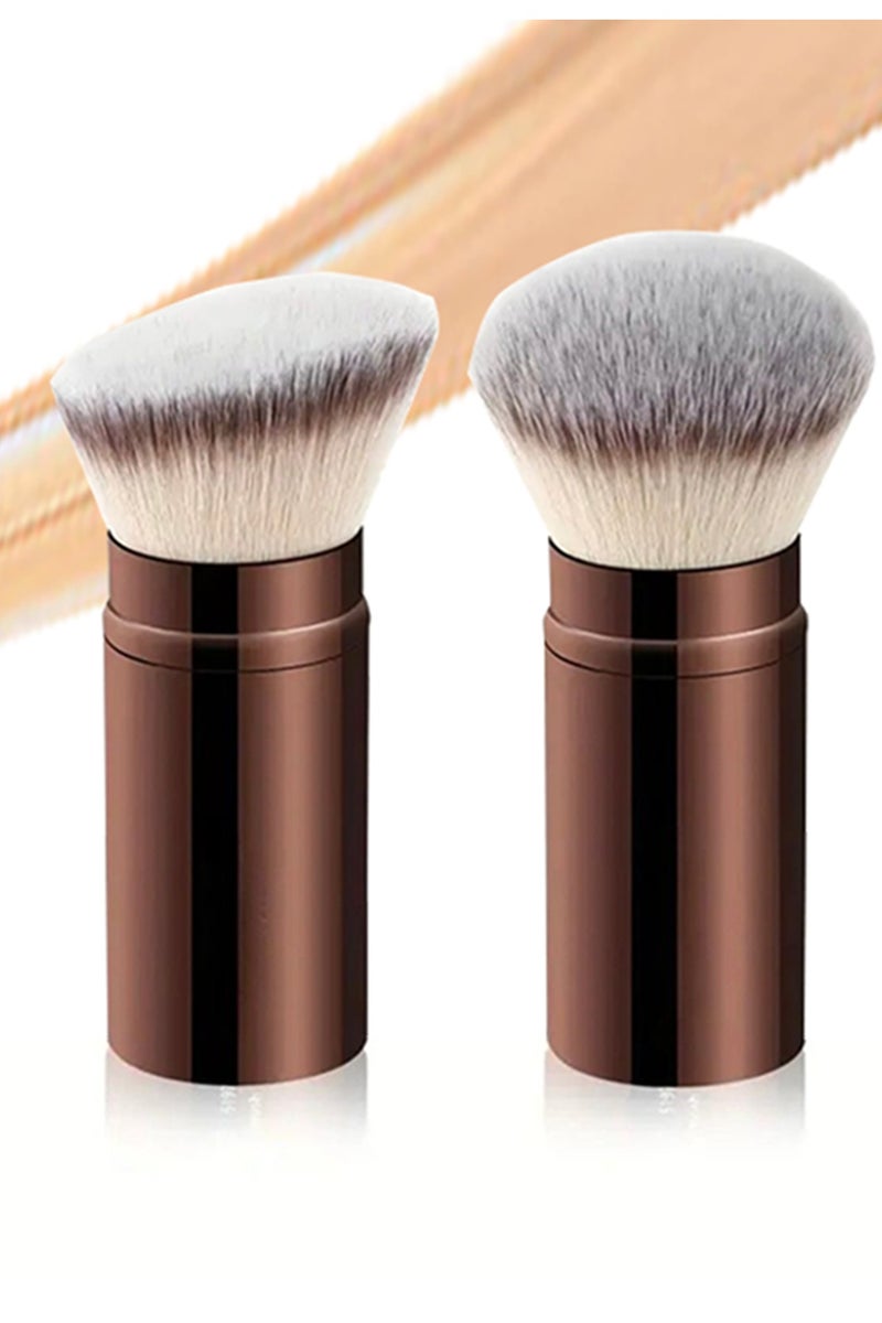 عام مجموعة فرش مكياج احترافية من DGSENPI، مكونة من قطعتين، فرشاة سفر قابلة للسحب وفرشاة بشعيرات ثنائية اللون، بمقبض بني معدني، لكريم الأساس والبودرة والكونتور - Image 1