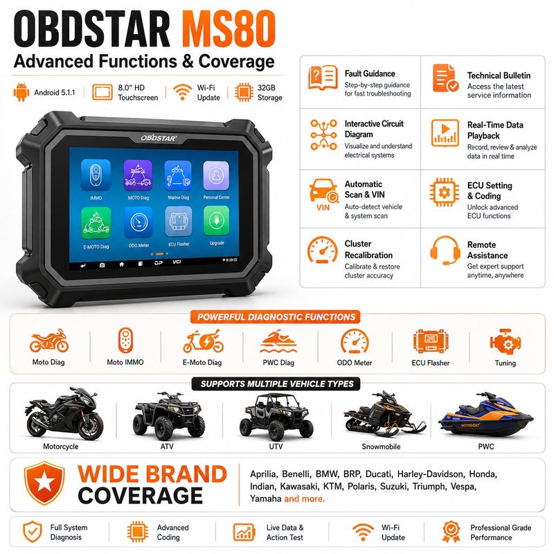 OBDSTAR MS80 Motorcycle Diagnostic Scanner Motorbike ATV UTV PWC Snowmobile Tool With 8 Inch Touchscreen Wi-Fi Full System Diagnosis - Image 2