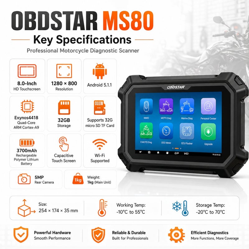 OBDSTAR MS80 Motorcycle Diagnostic Scanner Motorbike ATV UTV PWC Snowmobile Tool With 8 Inch Touchscreen Wi-Fi Full System Diagnosis - Image 3
