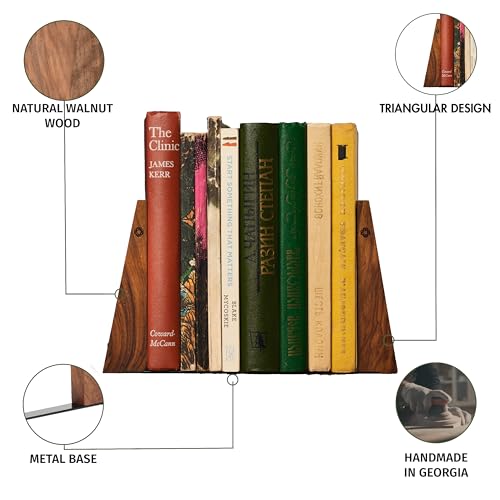 TILISMA Walnut Bookends for Shelves | Wooden Book Ends for Shelves | Sturdy Book Holders, Stoppers with Metal Base for Bookshelves | Slick Decorative Bookends Stands Firmly on Bookshelf (Pair) - Image 3