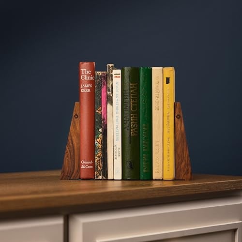 TILISMA Walnut Bookends for Shelves | Wooden Book Ends for Shelves | Sturdy Book Holders, Stoppers with Metal Base for Bookshelves | Slick Decorative Bookends Stands Firmly on Bookshelf (Pair) - Image 4