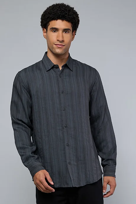 R&B Textured Shirt with Classic Collar and Long Sleeves