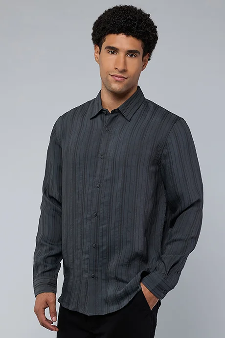 R&B Textured Shirt with Classic Collar and Long Sleeves