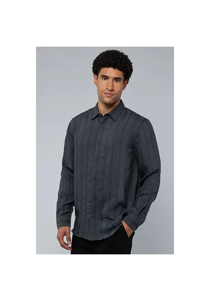 أر أند بي Textured Shirt with Classic Collar and Long Sleeves