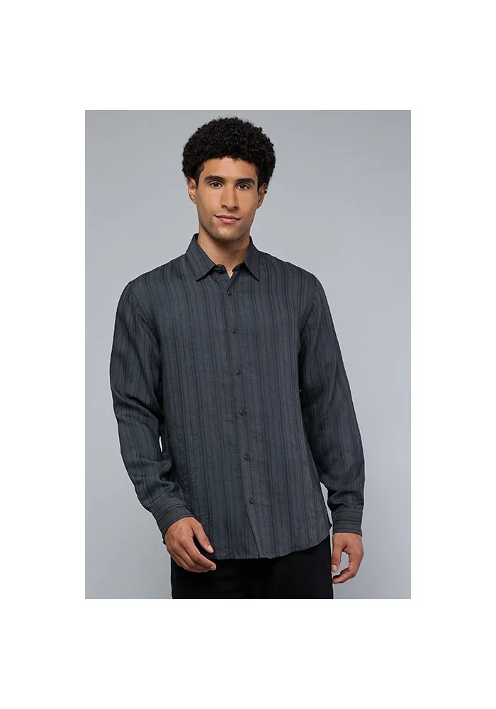أر أند بي Textured Shirt with Classic Collar and Long Sleeves