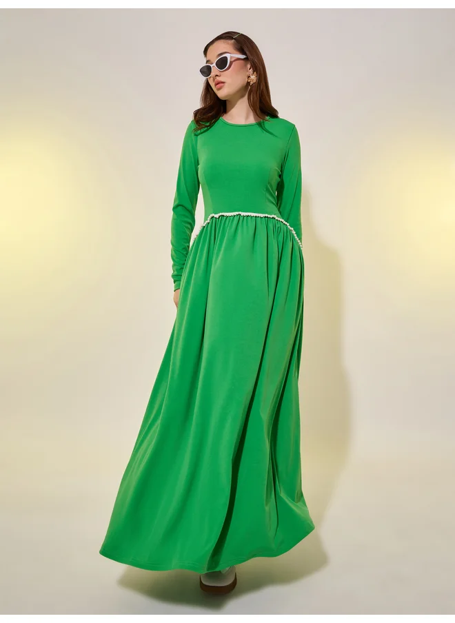 تايك تو Take Two Faux Pearl Trim Long Sleeve A-Line Maxi Dress