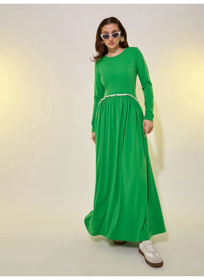 تايك تو Take Two Faux Pearl Trim Long Sleeve A-Line Maxi Dress