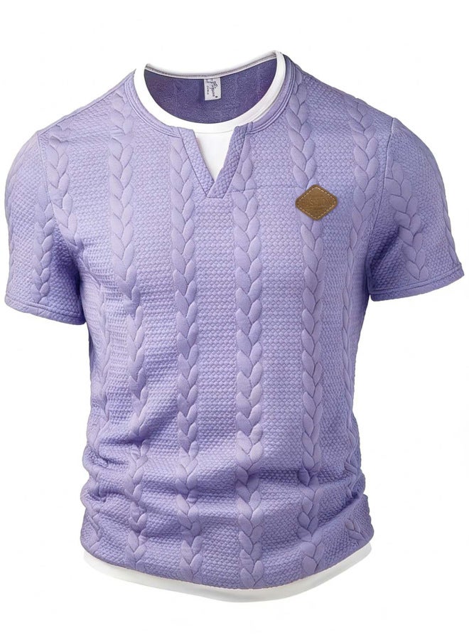 European And American Men's Textured Jacquard Fabric With Leather Logo Patch Logo Fake Two-piece Slim Fit Casual Short Sleeve T-shirt