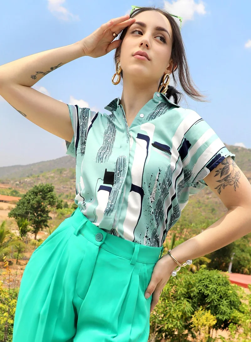 بينيا كولادا بلوزة تجريدية باللون الأخضر النعناعي للسيدات