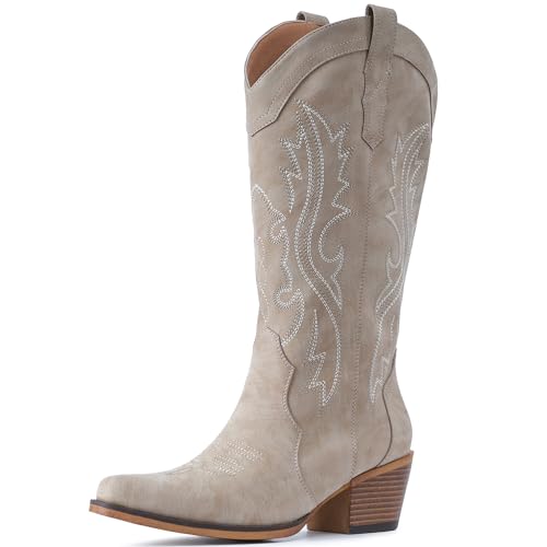 IUV Cowboy Boots For Women Western Cowgirl Boots with Chunky Heel Mid Calf Snip Toe Ideal for low insteps - Image 2