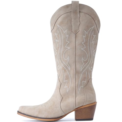 IUV Cowboy Boots For Women Western Cowgirl Boots with Chunky Heel Mid Calf Snip Toe Ideal for low insteps - Image 3