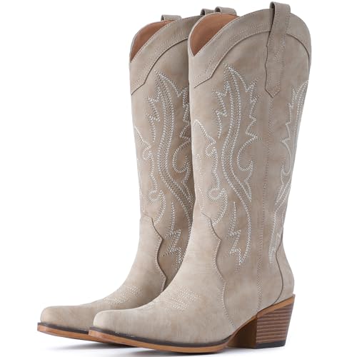IUV Cowboy Boots For Women Western Cowgirl Boots with Chunky Heel Mid Calf Snip Toe Ideal for low insteps - Image 1