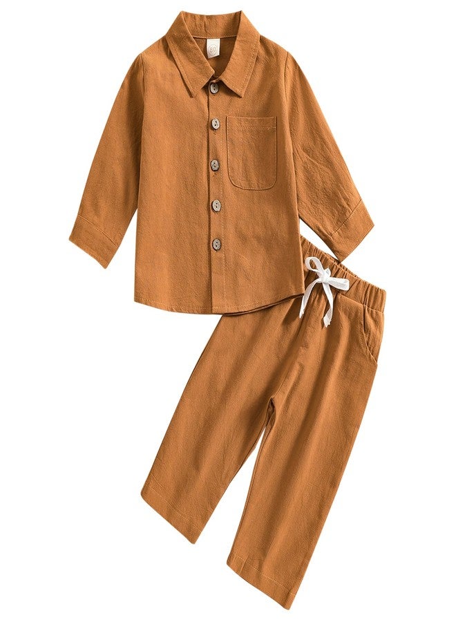 ACESTAR طقم قطن ولين للأطفال الصغار من ACESTAR مكون من قطعتين - قميص بأكمام طويلة وزر وسروال غير رسمي (بني، 80)  - Image 1