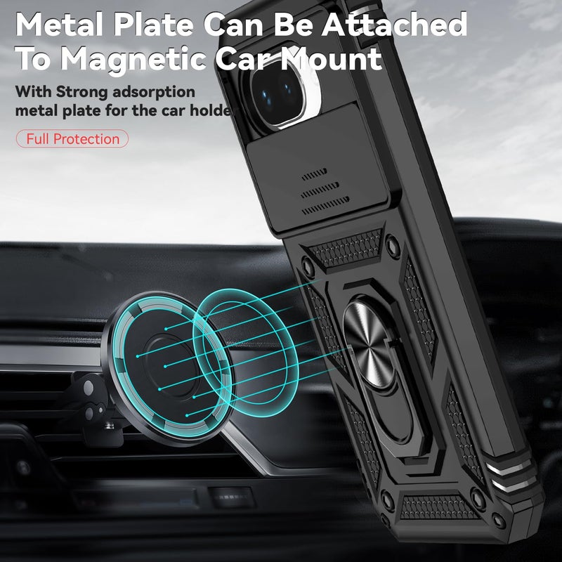 PUSHIMEI for Google Pixel 9A Case with Slide Camera Cover HD Screen Protector [Military Grade 16ft. Drop Tested] Magnetic Ring Holder Kickstand Protective Phone Case for Google Pixel 9A 2025, Black - Image 2