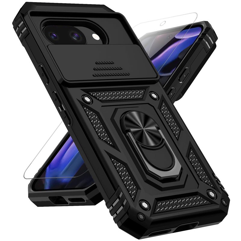 PUSHIMEI for Google Pixel 9A Case with Slide Camera Cover HD Screen Protector [Military Grade 16ft. Drop Tested] Magnetic Ring Holder Kickstand Protective Phone Case for Google Pixel 9A 2025, Black - Image 1