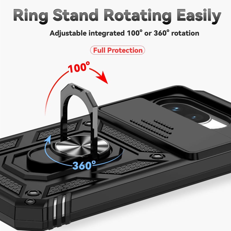 PUSHIMEI for Google Pixel 9A Case with Slide Camera Cover HD Screen Protector [Military Grade 16ft. Drop Tested] Magnetic Ring Holder Kickstand Protective Phone Case for Google Pixel 9A 2025, Black - Image 5