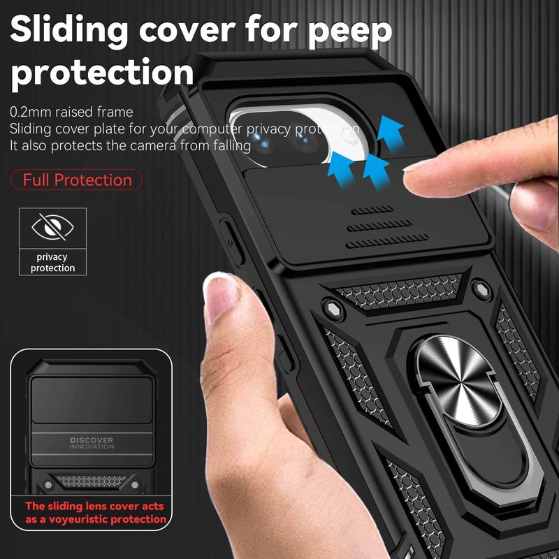 PUSHIMEI for Google Pixel 9A Case with Slide Camera Cover HD Screen Protector [Military Grade 16ft. Drop Tested] Magnetic Ring Holder Kickstand Protective Phone Case for Google Pixel 9A 2025, Black - Image 3