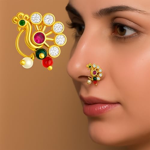 VAMA FASHIONS Gold Plated Crystal Stone Marathi Maharashtrian Nath Clip On Nose Ring Without Piercing Traditional Bridal Jewellery for Women & Girls - Image 2