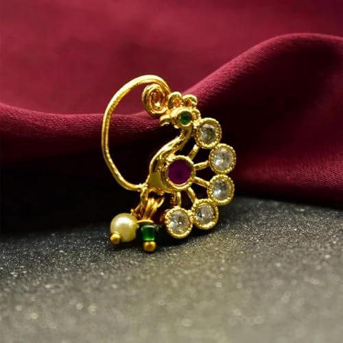 VAMA FASHIONS Gold Plated Crystal Stone Marathi Maharashtrian Nath Clip On Nose Ring Without Piercing Traditional Bridal Jewellery for Women & Girls - Image 4