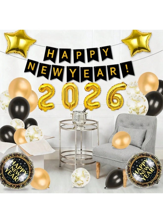 زينه العام الجديد مجموعه من 39 قطعه تحتوي على لافته خلفيه بتصميم سنه جديده سعيده ، بالونات بارقام العام الجديد 2026 وبالونات لاتكس والمنيوم بالوان متعدده مناسب كخلفية للتصوير وتزيين الحفلات للاحتفال بالعام  الجديد - Image 1