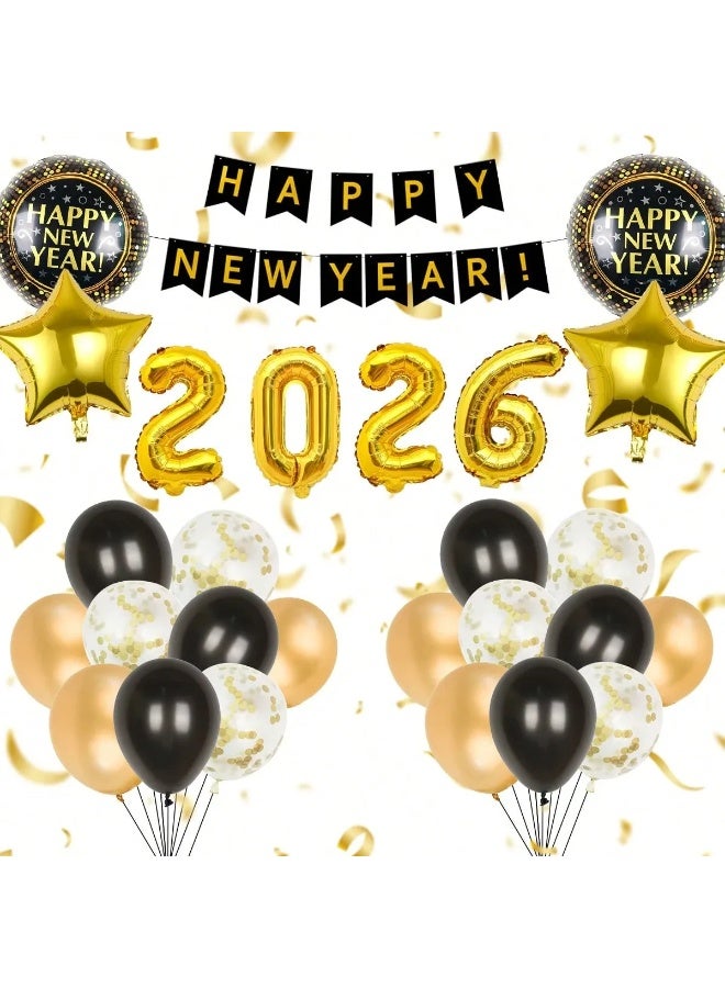 زينه العام الجديد مجموعه من 39 قطعه تحتوي على لافته خلفيه بتصميم سنه جديده سعيده ، بالونات بارقام العام الجديد 2026 وبالونات لاتكس والمنيوم بالوان متعدده مناسب كخلفية للتصوير وتزيين الحفلات للاحتفال بالعام  الجديد - Image 2
