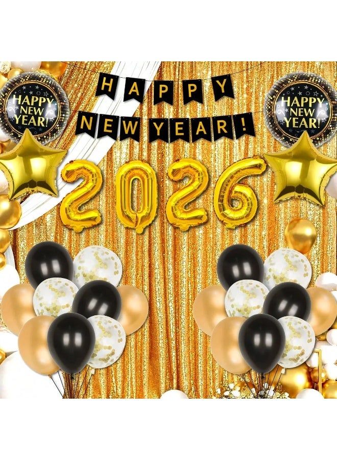 زينه العام الجديد مجموعه من 39 قطعه تحتوي على لافته خلفيه بتصميم سنه جديده سعيده ، بالونات بارقام العام الجديد 2026 وبالونات لاتكس والمنيوم بالوان متعدده مناسب كخلفية للتصوير وتزيين الحفلات للاحتفال بالعام  الجديد - Image 5