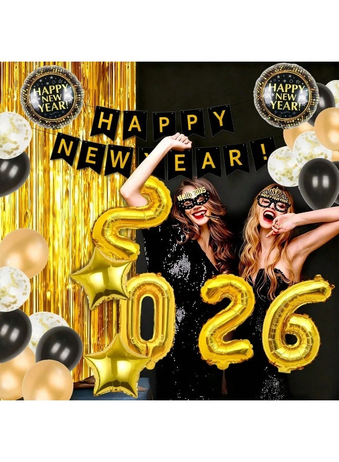 زينه العام الجديد مجموعه من 39 قطعه تحتوي على لافته خلفيه بتصميم سنه جديده سعيده ، بالونات بارقام العام الجديد 2026 وبالونات لاتكس والمنيوم بالوان متعدده مناسب كخلفية للتصوير وتزيين الحفلات للاحتفال بالعام  الجديد - Image 3
