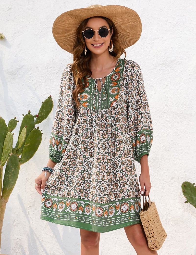 Bluetime Women Casual Summer Beach Coverup 3/4 Sleeve V Neck Short Dress Floral Loose Fit Dresses (XL, Dark Green) - Image 3