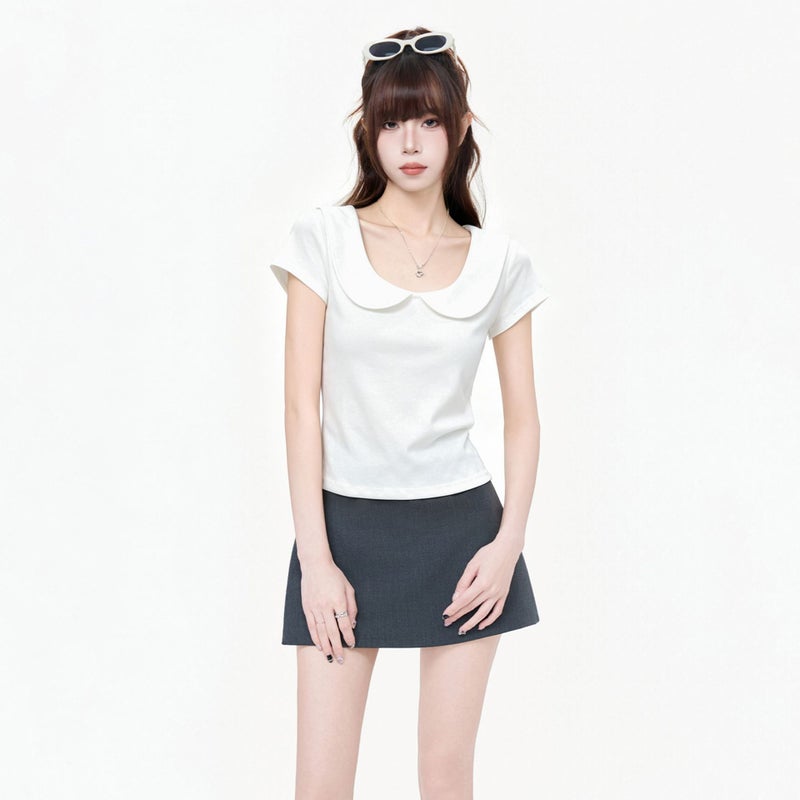 Women's Cream White Peter Pan Collar Short Sleeve T-Shirt Slim Fit Casual Top - Image 3