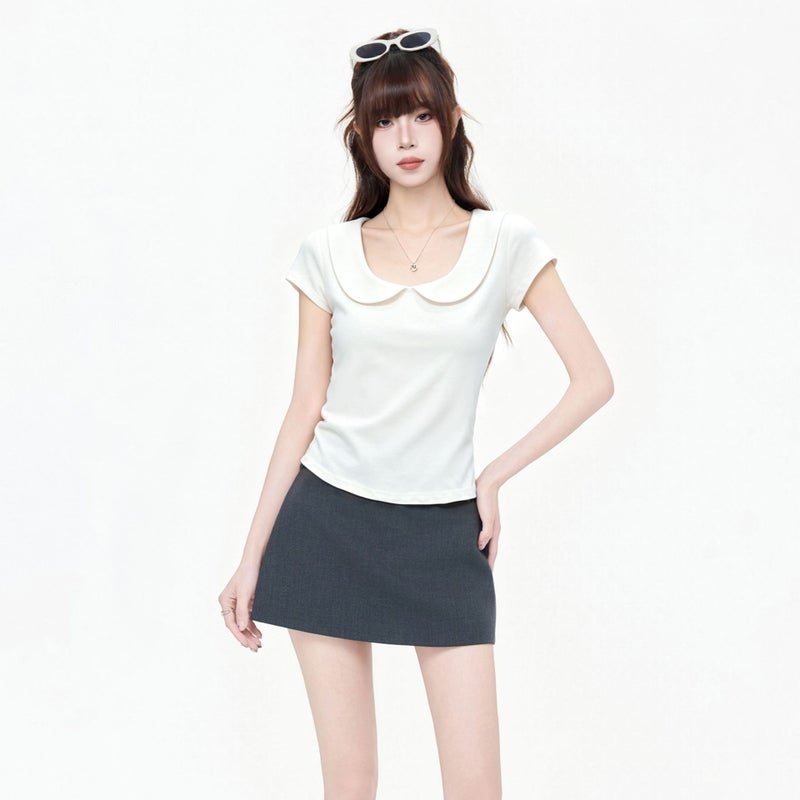 Women's Cream White Peter Pan Collar Short Sleeve T-Shirt Slim Fit Casual Top - Image 2