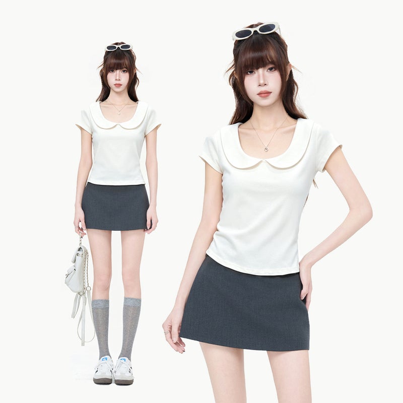 Women's Cream White Peter Pan Collar Short Sleeve T-Shirt Slim Fit Casual Top - Image 1